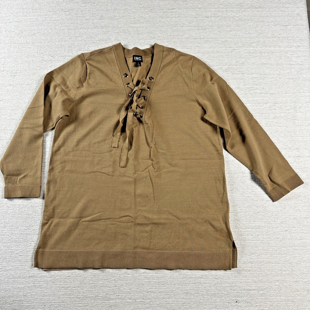 Boho Lace Up Sweater Tunic Camel Grommet Western INC International XL Minimalist